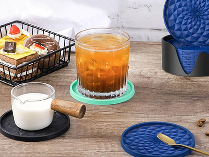 Dark Blue and Black Geometric Silicone Drink Coasters Set (6 Pack) with Holder - Non-Slip Table Protectors