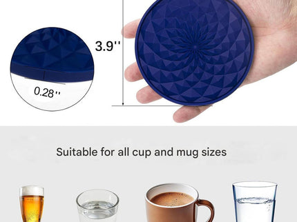 Dark Blue and Black Geometric Silicone Drink Coasters Set (6 Pack) with Holder - Non-Slip Table Protectors