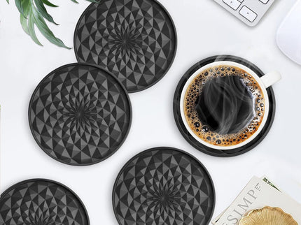 Dark Blue and Black Geometric Silicone Drink Coasters Set (6 Pack) with Holder - Non-Slip Table Protectors