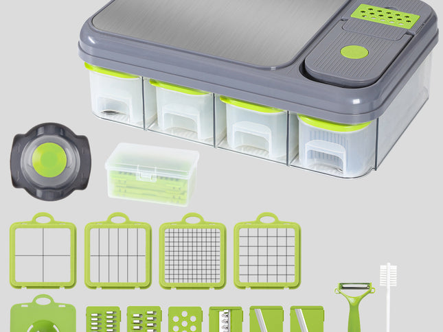 Green And Grey Ultimate 12-in-1 Multi-Functional Vegetable Slicer Dicer Chopper - Mandoline with Storage Containers & Drain Basket