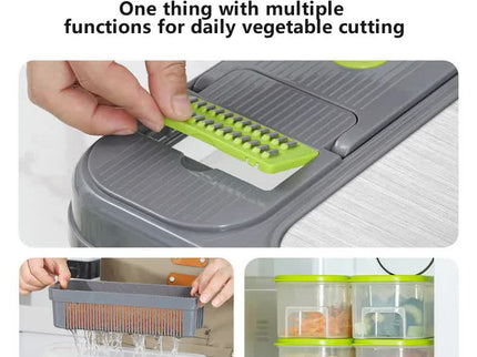 Green And Grey Ultimate 12-in-1 Multi-Functional Vegetable Slicer Dicer Chopper - Mandoline with Storage Containers & Drain Basket