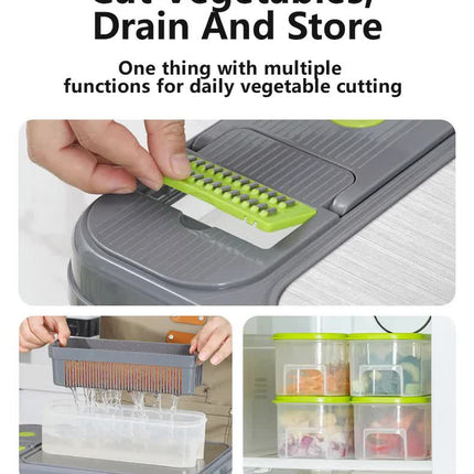 Green And Grey Ultimate 12-in-1 Multi-Functional Vegetable Slicer Dicer Chopper - Mandoline with Storage Containers & Drain Basket