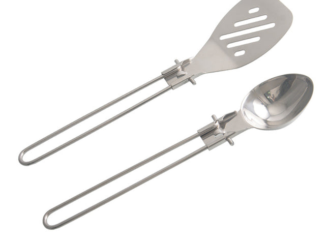 Silver Premium 304 Stainless Steel Folding Camping Utensil Set - Spatula & Deep Spoon Combo for Outdoor Cooking