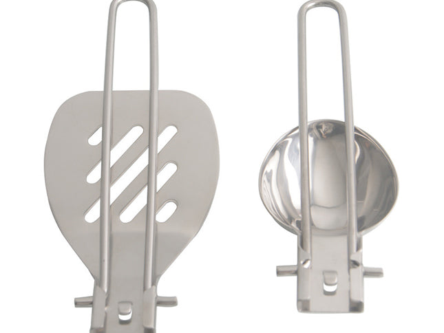 Silver Premium 304 Stainless Steel Folding Camping Utensil Set - Spatula & Deep Spoon Combo for Outdoor Cooking