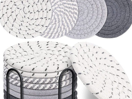 Grey Absorbent Woven Cotton Coasters - Set of 8 with Metal Holder - Heat Resistant Drink Mats for Table Protection