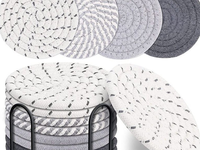 Grey Absorbent Woven Cotton Coasters - Set of 8 with Metal Holder - Heat Resistant Drink Mats for Table Protection