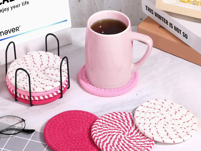 Grey Absorbent Woven Cotton Coasters - Set of 8 with Metal Holder - Heat Resistant Drink Mats for Table Protection
