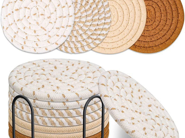 Beige and Khaki Absorbent Woven Cotton Coasters - Set of 8 with Metal Holder - Heat Resistant Drink Mats for Table Protection