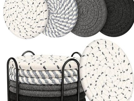 Beige and Black Absorbent Woven Cotton Coasters - Set of 8 with Metal Holder - Heat Resistant Drink Mats for Table Protection