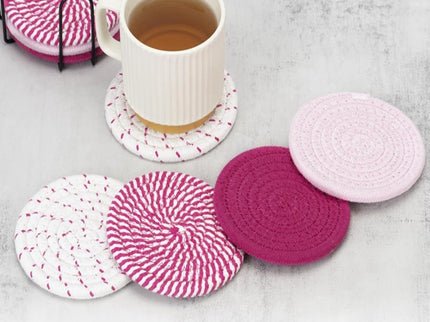 Beige and Black Absorbent Woven Cotton Coasters - Set of 8 with Metal Holder - Heat Resistant Drink Mats for Table Protection