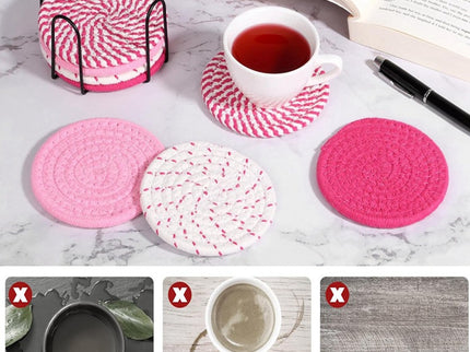 Beige and Black Absorbent Woven Cotton Coasters - Set of 8 with Metal Holder - Heat Resistant Drink Mats for Table Protection