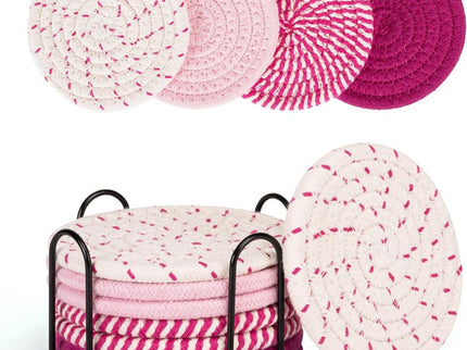 Beige and Pink Absorbent Woven Cotton Coasters - Set of 8 with Metal Holder - Heat Resistant Drink Mats for Table Protection