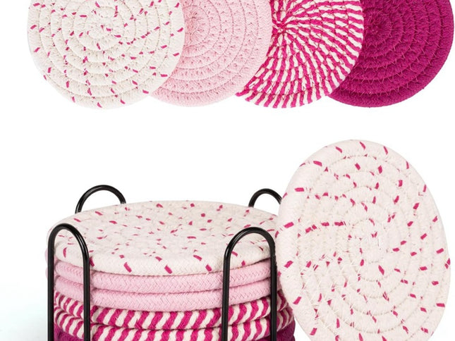 Beige and Pink Absorbent Woven Cotton Coasters - Set of 8 with Metal Holder - Heat Resistant Drink Mats for Table Protection