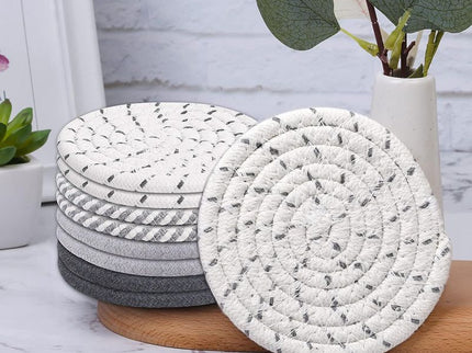 Beige and Pink Absorbent Woven Cotton Coasters - Set of 8 with Metal Holder - Heat Resistant Drink Mats for Table Protection