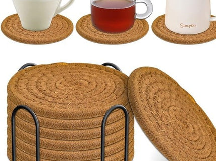 Brown Absorbent Woven Cotton Coasters - Set of 8 with Metal Holder - Heat Resistant Drink Mats for Table Protection