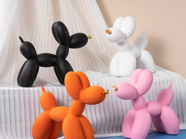 White Modern Resin Balloon Dog Sculpture - Playful Art Figurine with Golden Snout Accent