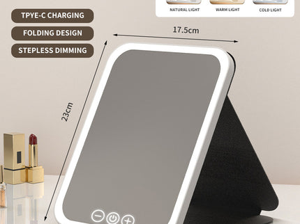 Black Large Foldable LED Makeup Mirror - Portable Desktop Vanity with 3 Color Lights, Stepless Dimming & Adjustable Stand