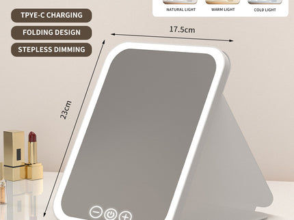White Large Foldable LED Makeup Mirror - Portable Desktop Vanity with 3 Color Lights, Stepless Dimming & Adjustable Stand