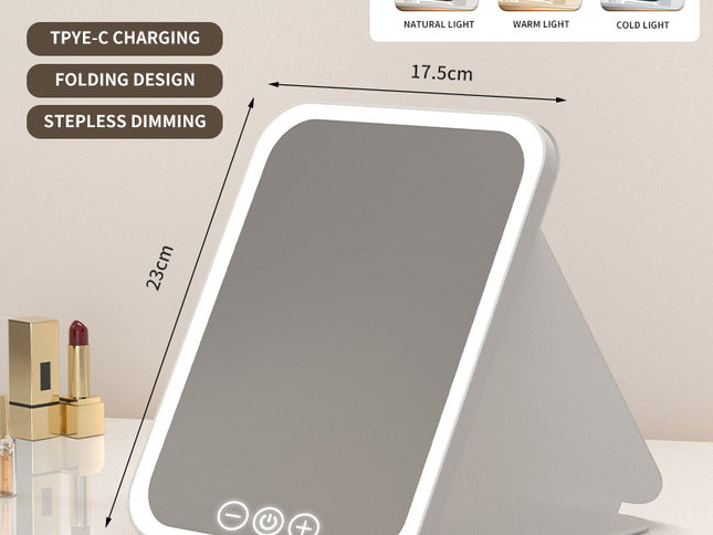 White Large Foldable LED Makeup Mirror - Portable Desktop Vanity with 3 Color Lights, Stepless Dimming & Adjustable Stand