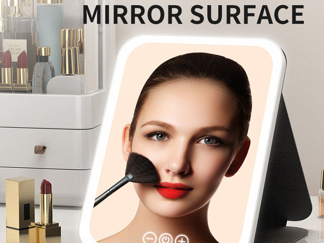 White Large Foldable LED Makeup Mirror - Portable Desktop Vanity with 3 Color Lights, Stepless Dimming & Adjustable Stand