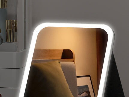 White Large Foldable LED Makeup Mirror - Portable Desktop Vanity with 3 Color Lights, Stepless Dimming & Adjustable Stand