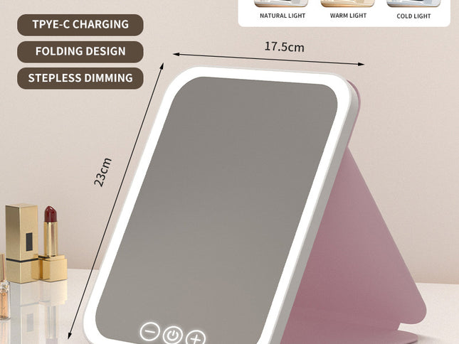 Pink Large Foldable LED Makeup Mirror - Portable Desktop Vanity with 3 Color Lights, Stepless Dimming & Adjustable Stand