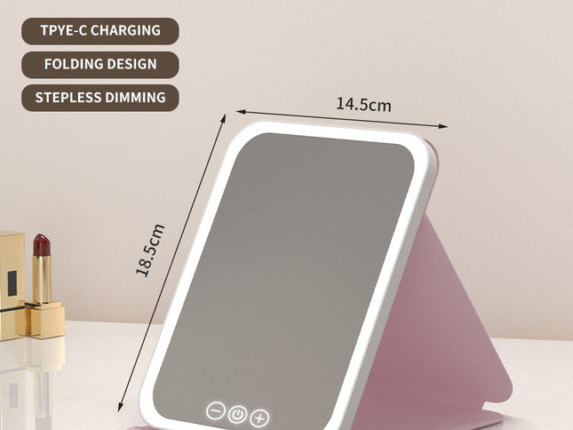 Pink Small Foldable LED Makeup Mirror - Portable Desktop Vanity with 3 Color Lights, Stepless Dimming & Adjustable Stand