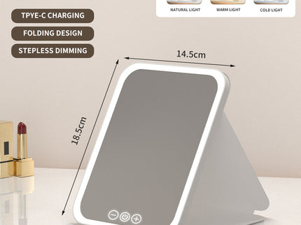 White Small Foldable LED Makeup Mirror - Portable Desktop Vanity with 3 Color Lights, Stepless Dimming & Adjustable Stand