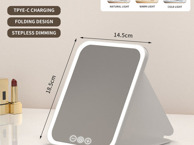 White Small Foldable LED Makeup Mirror - Portable Desktop Vanity with 3 Color Lights, Stepless Dimming & Adjustable Stand