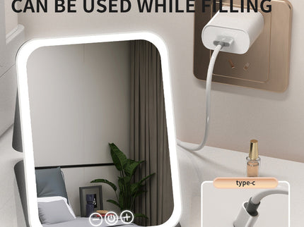 White Small Foldable LED Makeup Mirror - Portable Desktop Vanity with 3 Color Lights, Stepless Dimming & Adjustable Stand