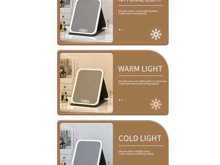 White Small Foldable LED Makeup Mirror - Portable Desktop Vanity with 3 Color Lights, Stepless Dimming & Adjustable Stand