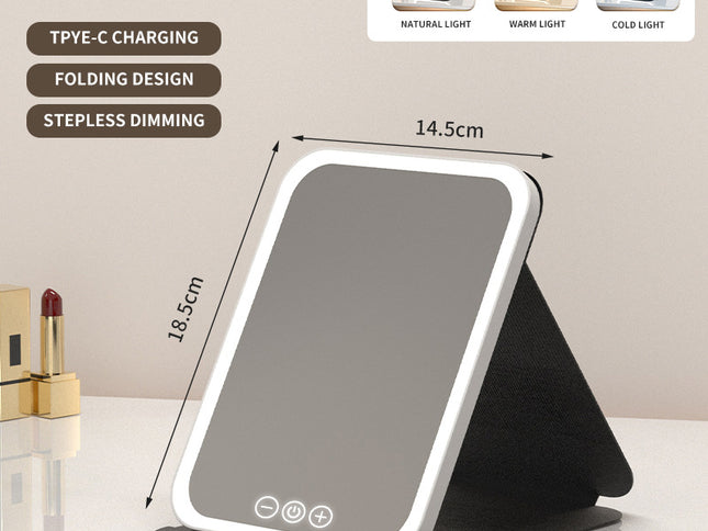 Black Small Foldable LED Makeup Mirror - Portable Desktop Vanity with 3 Color Lights, Stepless Dimming & Adjustable Stand