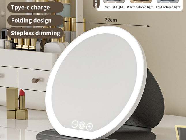Black Large Round Foldable LED Makeup Mirror - 22cm Desktop Vanity with 3 Color Lights & Stepless Dimming