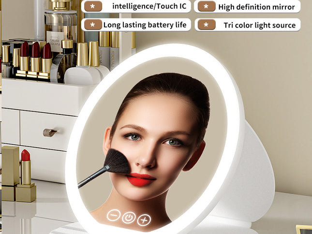 Black Large Round Foldable LED Makeup Mirror - 22cm Desktop Vanity with 3 Color Lights & Stepless Dimming