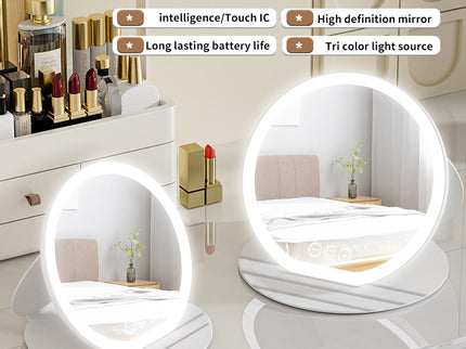 Black Large Round Foldable LED Makeup Mirror - 22cm Desktop Vanity with 3 Color Lights & Stepless Dimming