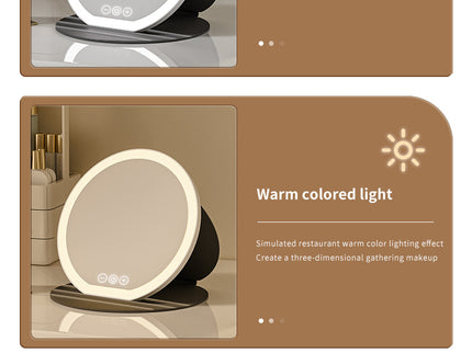 Black Large Round Foldable LED Makeup Mirror - 22cm Desktop Vanity with 3 Color Lights & Stepless Dimming