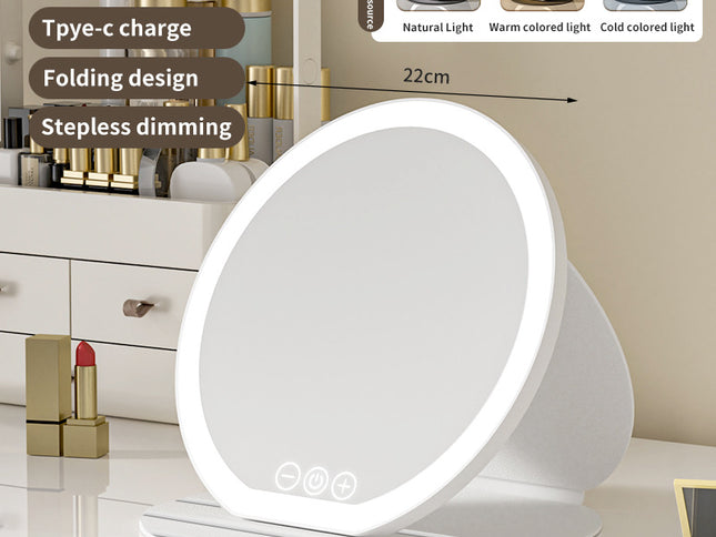 White Large Round Foldable LED Makeup Mirror - 22cm Desktop Vanity with 3 Color Lights & Stepless Dimming