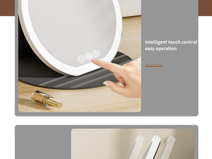 White Large Round Foldable LED Makeup Mirror - 22cm Desktop Vanity with 3 Color Lights & Stepless Dimming