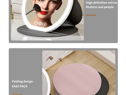 White Large Round Foldable LED Makeup Mirror - 22cm Desktop Vanity with 3 Color Lights & Stepless Dimming