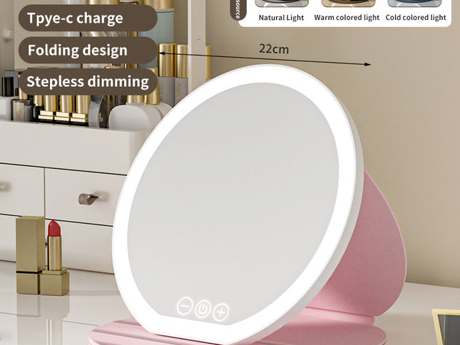 Pink Large Round Foldable LED Makeup Mirror - 22cm Desktop Vanity with 3 Color Lights & Stepless Dimming