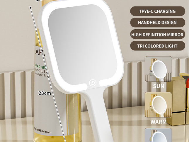 White Square Portable Handheld LED Makeup Mirror - USB-C Rechargeable with 3 Color Light Modes for On-The-Go Touch-Ups