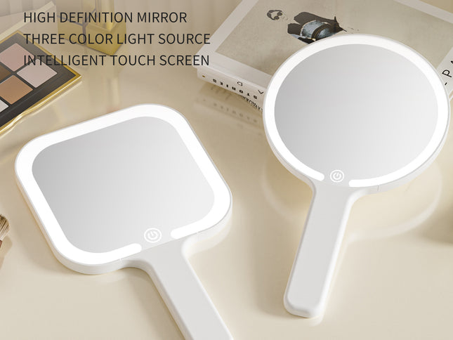 White Square Portable Handheld LED Makeup Mirror - USB-C Rechargeable with 3 Color Light Modes for On-The-Go Touch-Ups