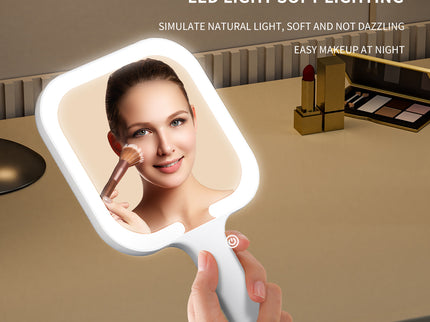 White Square Portable Handheld LED Makeup Mirror - USB-C Rechargeable with 3 Color Light Modes for On-The-Go Touch-Ups