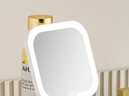 White Square Portable Handheld LED Makeup Mirror - USB-C Rechargeable with 3 Color Light Modes for On-The-Go Touch-Ups