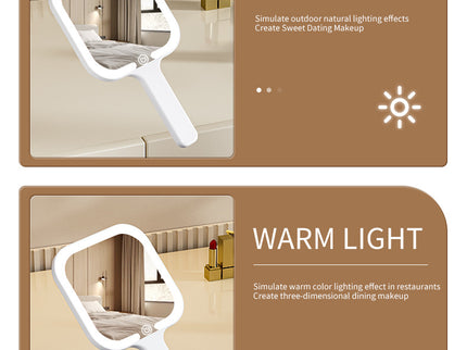 White Square Portable Handheld LED Makeup Mirror - USB-C Rechargeable with 3 Color Light Modes for On-The-Go Touch-Ups