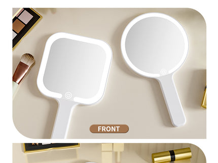 White Square Portable Handheld LED Makeup Mirror - USB-C Rechargeable with 3 Color Light Modes for On-The-Go Touch-Ups