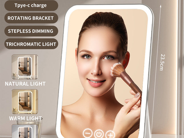 White Professional LED Vanity Mirror - 3 Color Lights, Stepless Dimming & Adjustable Rotating Stand, USB-C Rechargeable