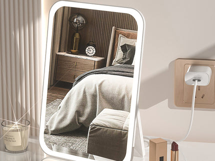 White Professional LED Vanity Mirror - 3 Color Lights, Stepless Dimming & Adjustable Rotating Stand, USB-C Rechargeable