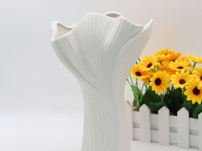 White Elegant Off-White Ceramic Vase - Modern Sculptural Flower Holder with Wide Fluted Opening