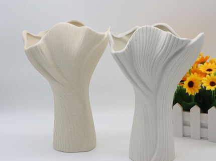 White Elegant Off-White Ceramic Vase - Modern Sculptural Flower Holder with Wide Fluted Opening